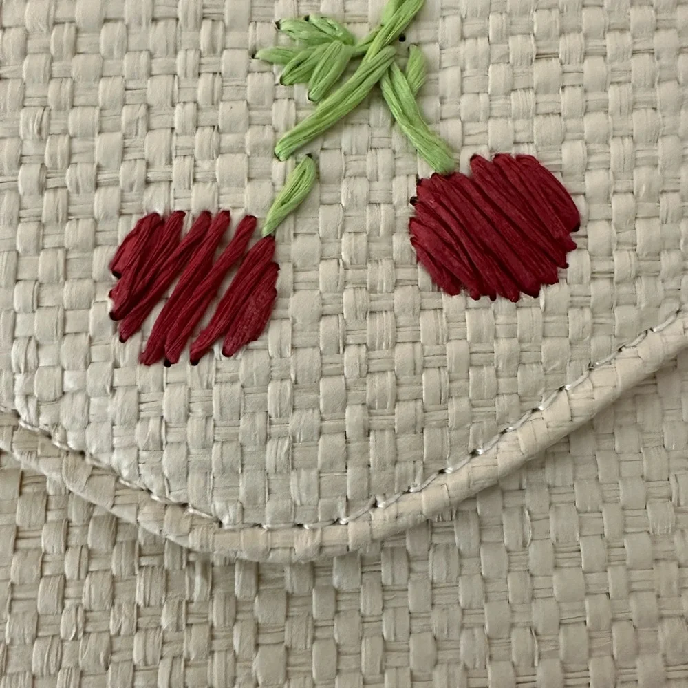Color Play Straw Clutch with Embroidered  Cherry, Heart &‎ Straw Accents New